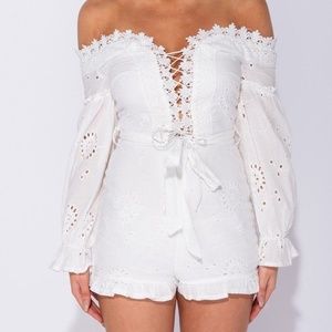 White Cotton Eyelet Off the Shoulder Romper